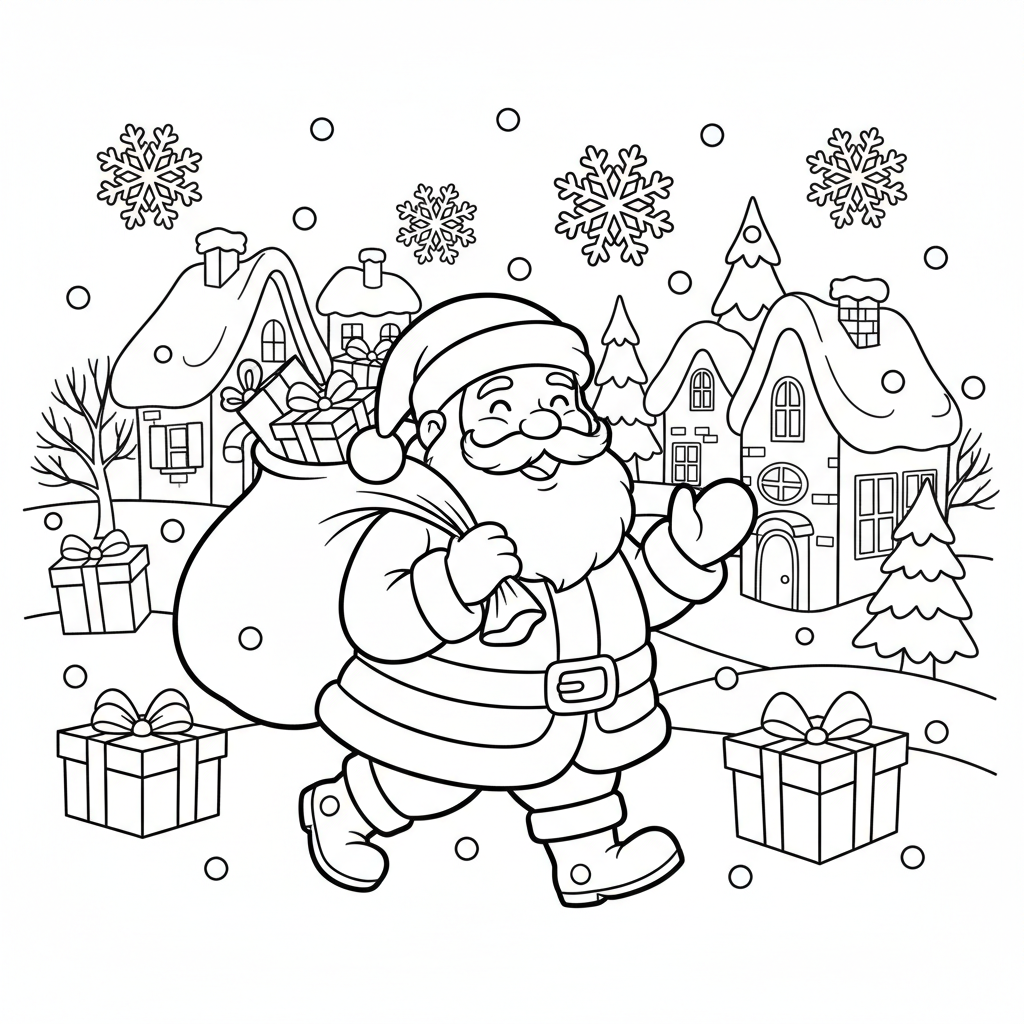 Cute Santa Claus walking through a snowy Christmas village with small houses, snow-covered trees, snowflakes, and presents. Simple kids coloring book line art, thick black outlines, large open spaces, white background, no shading, no gray, no color, no text.