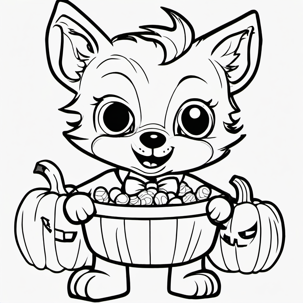 Cute baby werewolf wearing a little bow tie, holding a pumpkin bucket filled with candy. Simple Halloween coloring page for kids, bold black outlines, large easy-to-color spaces, white background, no shading, no gray, no colors.