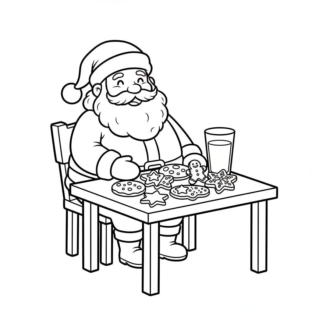 Cute Santa Claus sitting at a table with Christmas cookies and a glass of milk. Simple kids coloring book line art, thick black outlines, large open spaces, white background, no shading, no gray, no color, no text.