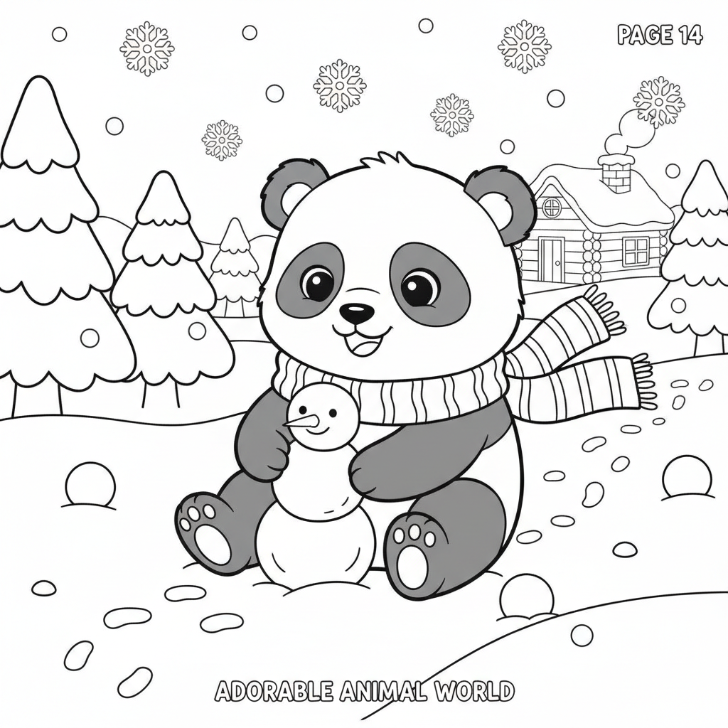 Create page 14 of a professional 20-page children's coloring book called 'Adorable Animal World'. Scene: an adorable baby panda happily playing in a snowy winter wonderland. The panda is building a tiny snowman with a cute smiling face. Include snow-covered pine trees, gentle snowflakes, a small wooden cabin, snowballs, winter scarves, and little footprints in the snow. Use the same charming kawaii storybook illustration style as the previous pages, with consistent smooth, thick black outlines,