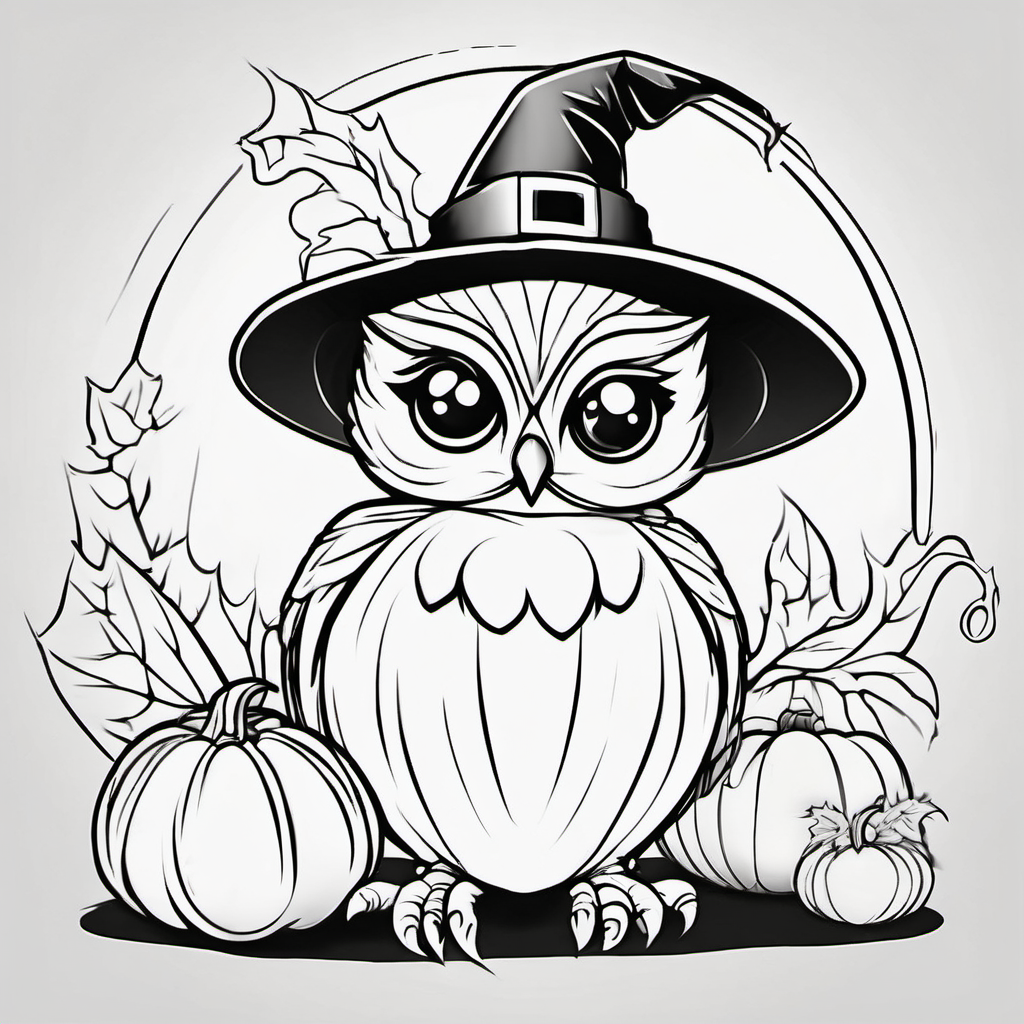 Cute baby owl wearing a witch hat, sitting on a pumpkin beside a tiny friendly bat. Simple Halloween coloring page for kids, bold black outlines, large easy-to-color spaces, white background, no shading, no gray, no colors.