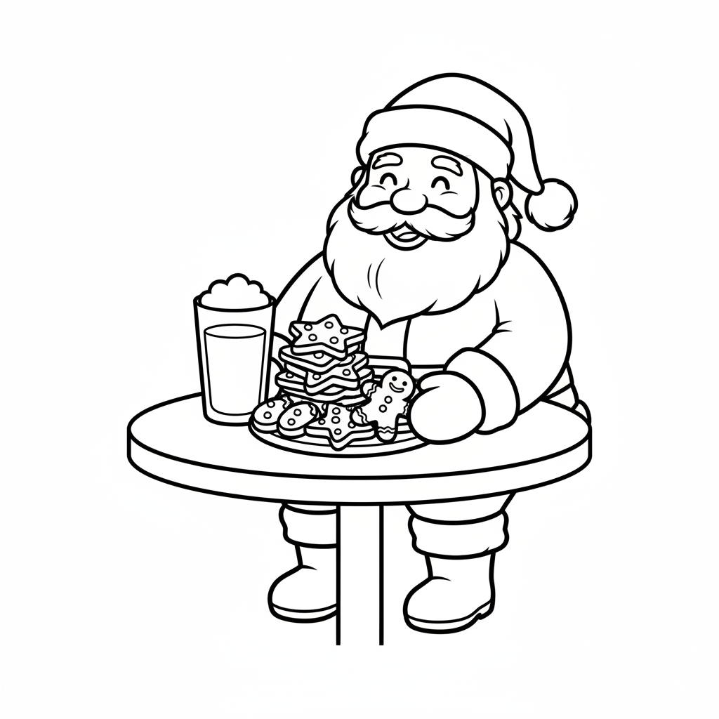 Cute Santa Claus sitting at a table with Christmas cookies and a glass of milk. Simple kids coloring book line art, thick black outlines, large open spaces, white background, no shading, no gray, no color, no text.