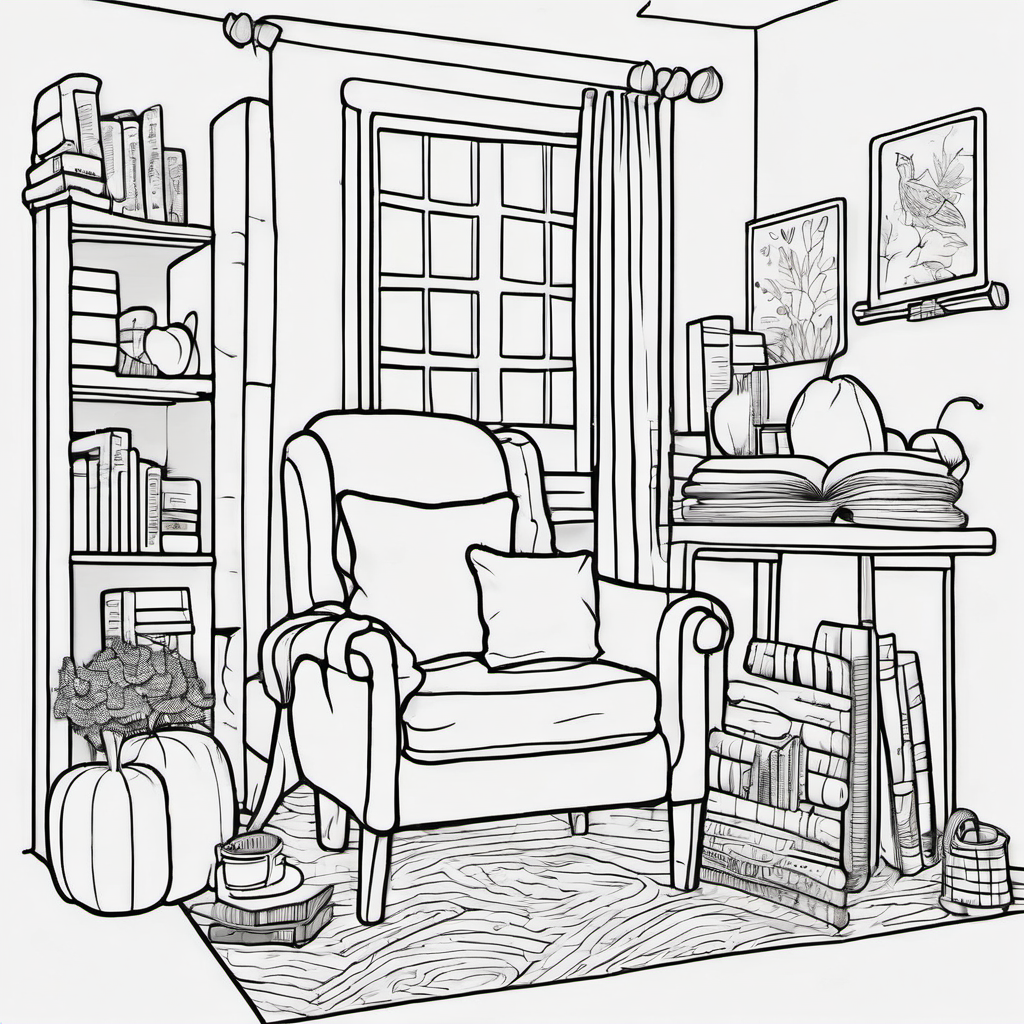 A cozy autumn reading nook with blankets, books, and mugs