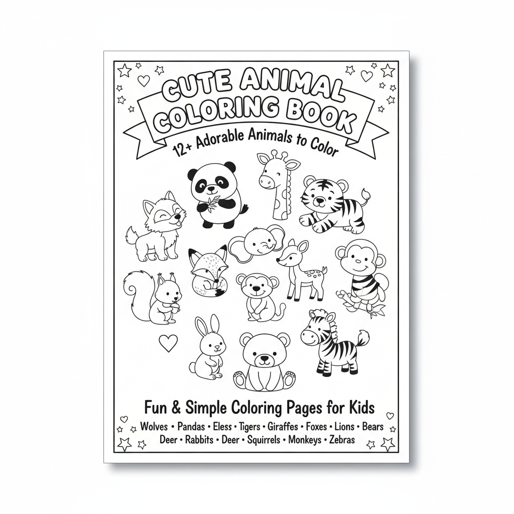 **CUTE ANIMAL COLORING BOOK**

**12+ Adorable Animals to Color**

Fun & Simple Coloring Pages for Kids

**Wolves • Pandas • Elephants • Tigers • Giraffes • Foxes • Lions • Bears • Deer • Rabbits • Squirrels • Monkeys • Zebras**
