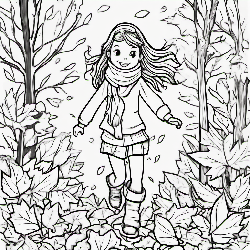 A girl wearing a scarf and boots while jumping into leaf piles Make the girl's face look different  Keep it cute Let the quality be better Set the background color to white.