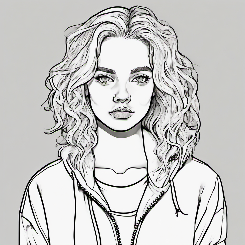 i want a girl that is wearing a shirt and a baggy zip up sweatshirt wearing baggy jeas and put her hair down to curly and no backgroun and make her white
