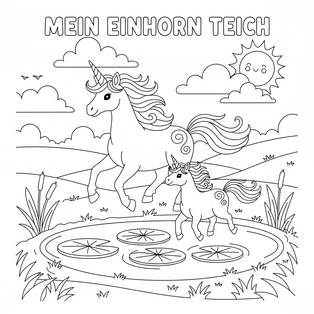 einen Teich mit ringsherum wiese auf dem ein Einhorn trabt mit einem Baby Einhorn
ausmalbild für 6 jähriges Kind