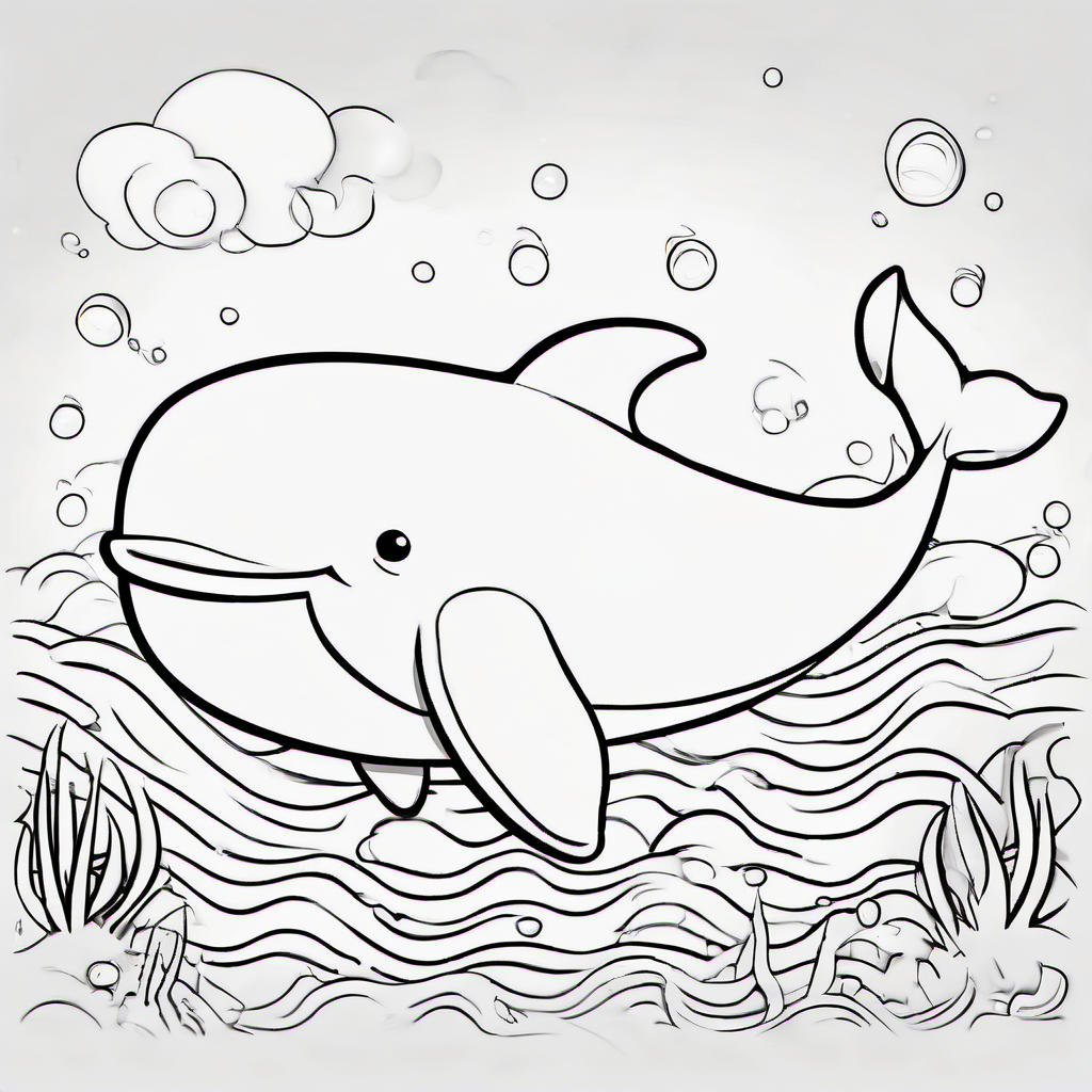 Cute baby whale swimming happily in a simple ocean scene, rounded body, big friendly eyes, cheerful smile, tiny fins, a small water spout above its head, a few bubbles and simple waves around it, black-and-white children's coloring page, bold clean outlines, large open spaces, no shading, simple background, adorable cartoon style, suitable for kids ages 4–8.