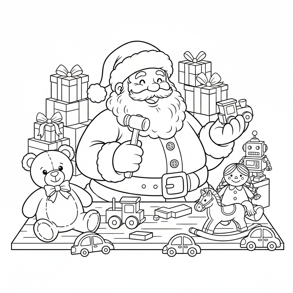 Cute Santa Claus inside his Christmas workshop surrounded by toys, teddy bears, dolls, and wrapped presents. Simple kids coloring book line art, thick black outlines, large open spaces, white background, no shading, no gray, no color, no text.