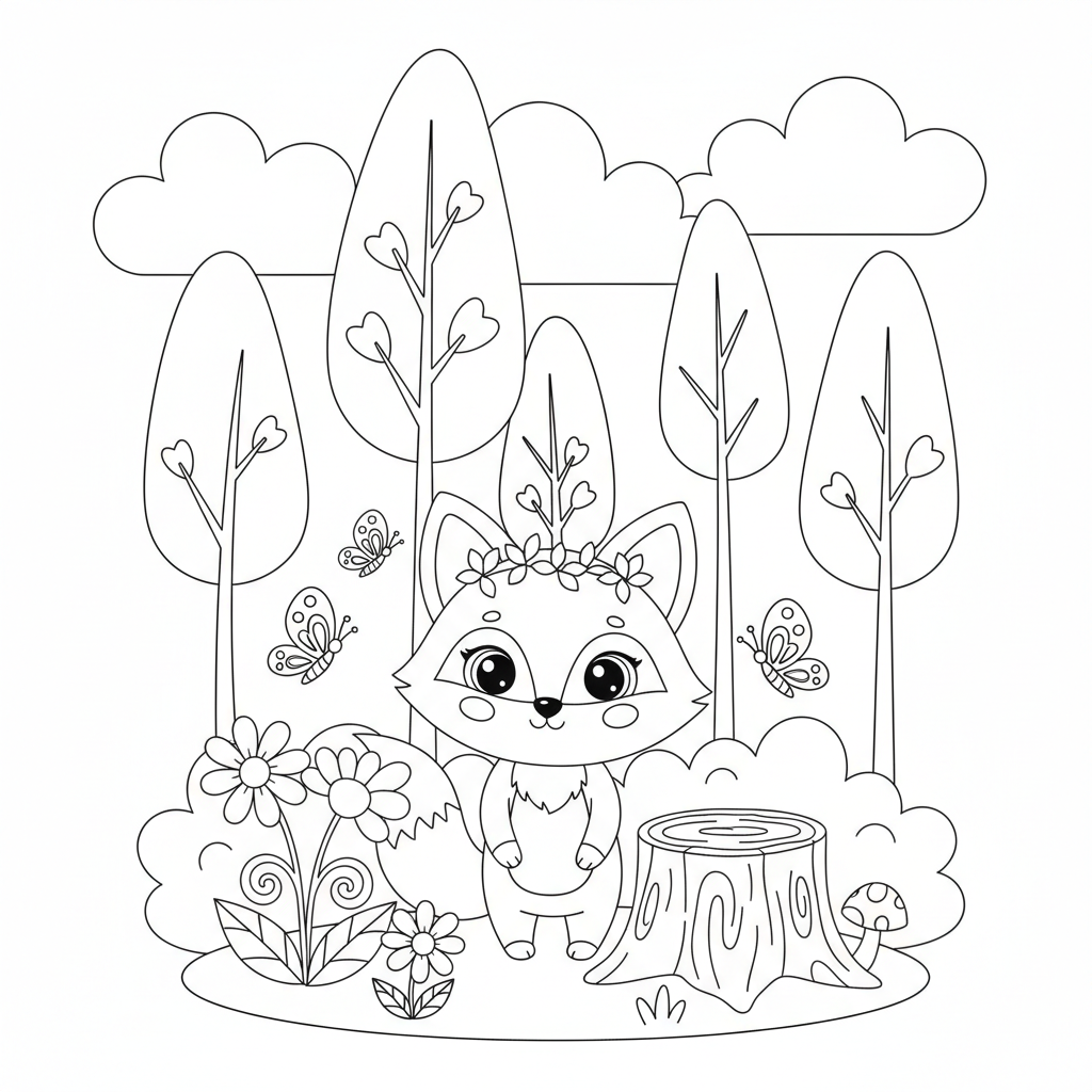 Create a cute children's coloring book page featuring an adorable little fox exploring a magical forest. The fox is standing beside a tree stump with mushrooms, flowers, and tiny butterflies around it. Add tall trees, leafy bushes, and fluffy clouds in the background. Use a kawaii storybook illustration style with smooth, thick black outlines, simple shapes, and large open spaces for easy coloring. Black and white line art only, white background, no shading, no gradients, no colors, no text, no