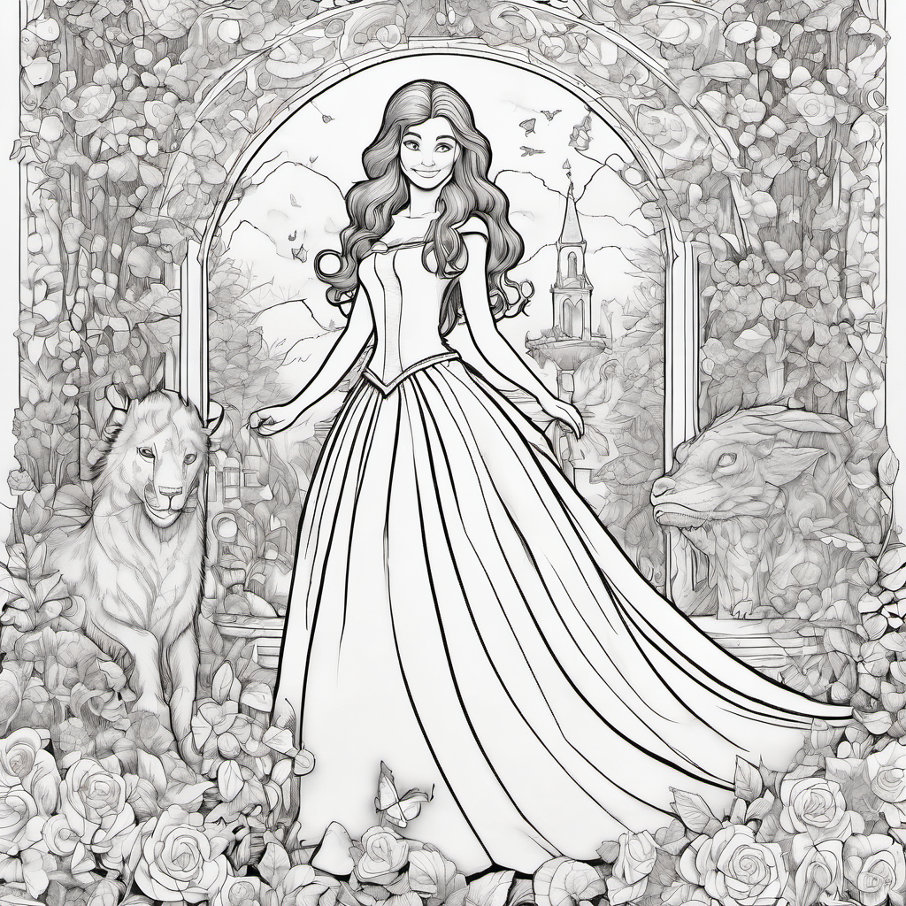 coloring page of a young girl in a flowing gown standing beside a friendly mythical beast in an enchanted garden. Include twisting vines, roses, butterflies, a stone fountain, mushrooms, an ornate flower arch, and tiny magical stars. Black-and-white line art only, crisp outlines, no shading, lots of intricate details, portrait layout, suitable for printing and coloring. Of beauty and the beast relasitc but easy to trace for art class not very detailed make