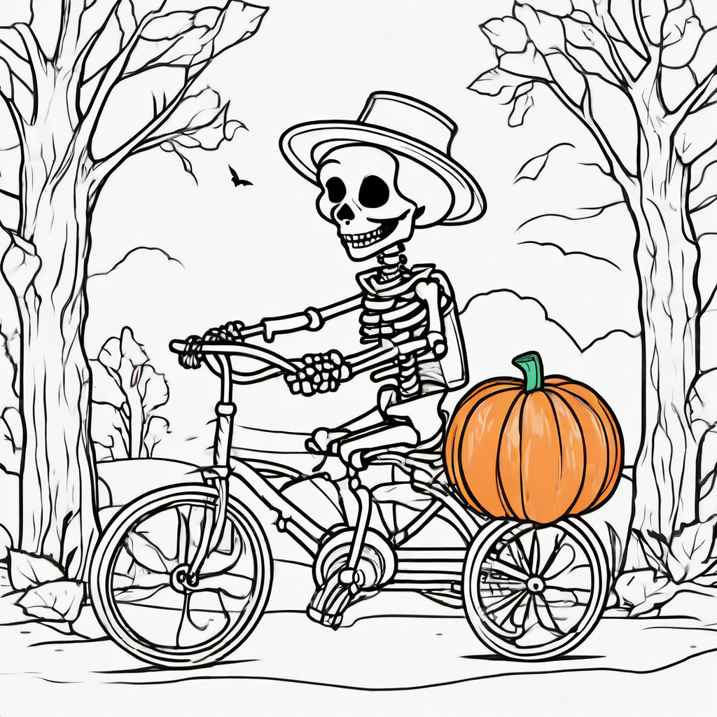 Cute friendly skeleton riding a small bicycle with a pumpkin basket. Simple Halloween coloring page for kids, bold black outlines, large easy-to-color spaces, white background, no shading, no gray, no colors. no grey color in background