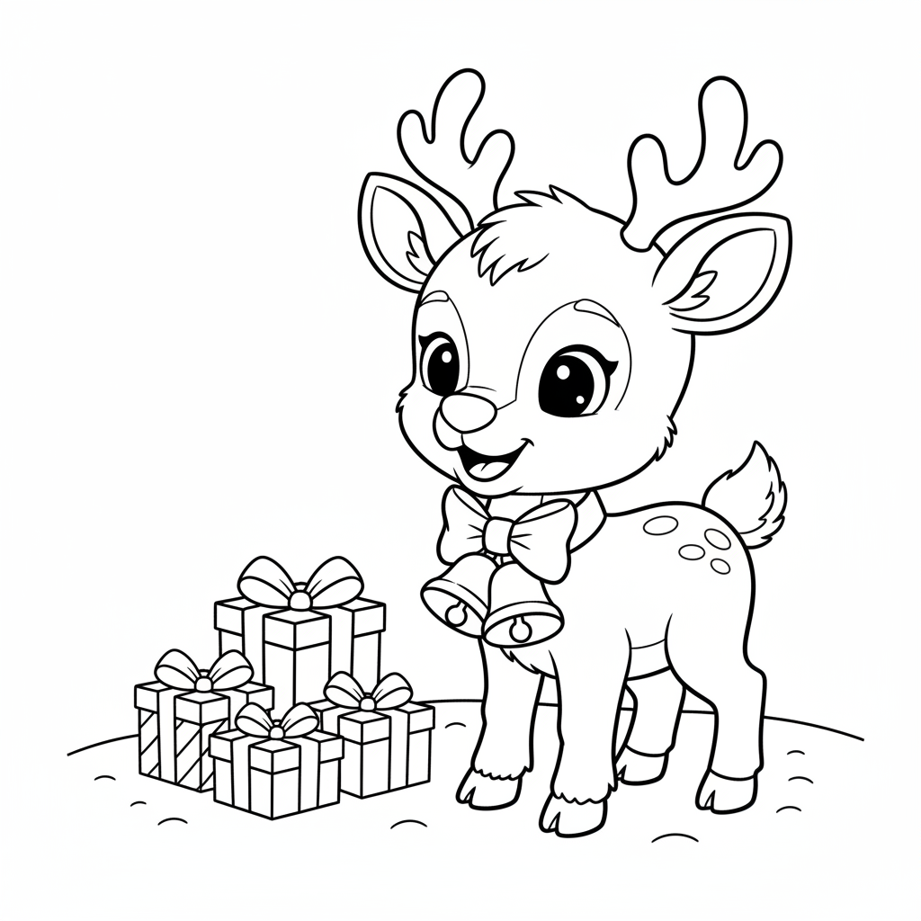 Cute friendly reindeer wearing a Christmas bell collar, standing in the snow beside a few presents. Simple kids coloring book line art, thick black outlines, large open spaces, white background, no shading, no gray, no color, no text.