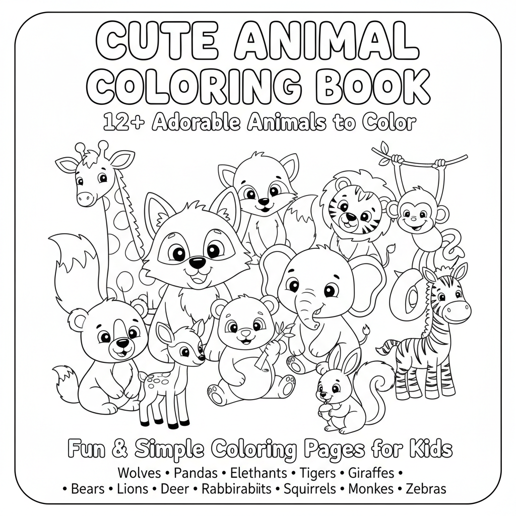 **CUTE ANIMAL COLORING BOOK**

**12+ Adorable Animals to Color**

Fun & Simple Coloring Pages for Kids

**Wolves • Pandas • Elephants • Tigers • Giraffes • Foxes • Lions • Bears • Deer • Rabbits • Squirrels • Monkeys • Zebras**
Bez rámečku