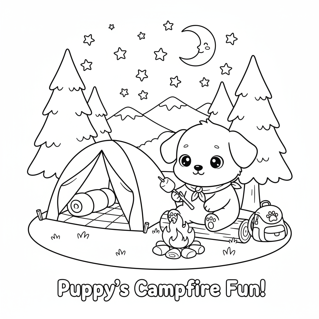 Create page 13 of a professional 20-page children's coloring book called 'Adorable Animal World'. Scene: an adorable baby puppy enjoying a fun camping adventure in a peaceful forest. The puppy is sitting beside a small cozy camping tent and holding a marshmallow on a stick. Include a safe, simple campfire, a sleeping bag, a backpack, pine trees, mountains, stars, and a crescent moon in the background. Use the same charming kawaii storybook illustration style as the previous pages, with consisten