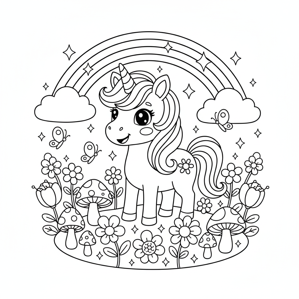 Create a cute children's coloring book page featuring an adorable little unicorn standing in a magical flower garden. The unicorn has a beautiful flowing mane, a small horn, and a happy smiling face. Add a large rainbow, fluffy clouds, sparkling stars, butterflies, mushrooms, and many lovely flowers in the background. Use a kawaii storybook illustration style with smooth, thick black outlines, simple shapes, and large open spaces for easy coloring. Black and white line art only, white background