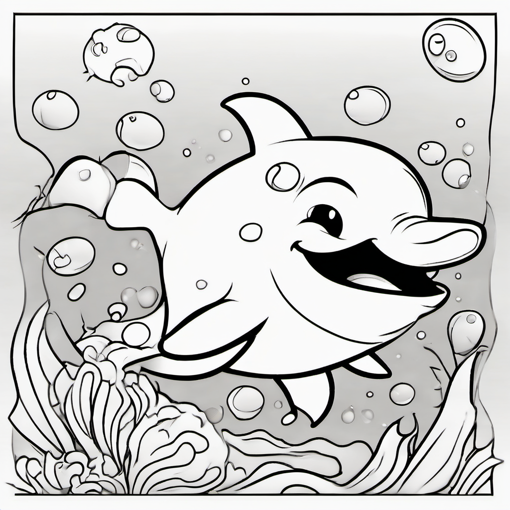 Cute baby dolphin swimming happily through simple ocean waves, big friendly eyes, cheerful smile, rounded body, small fins, a few bubbles and simple seashells around it, black-and-white children's coloring page, bold clean outlines, large open spaces, no shading, simple background, adorable cartoon style, suitable for kids ages 4–8.