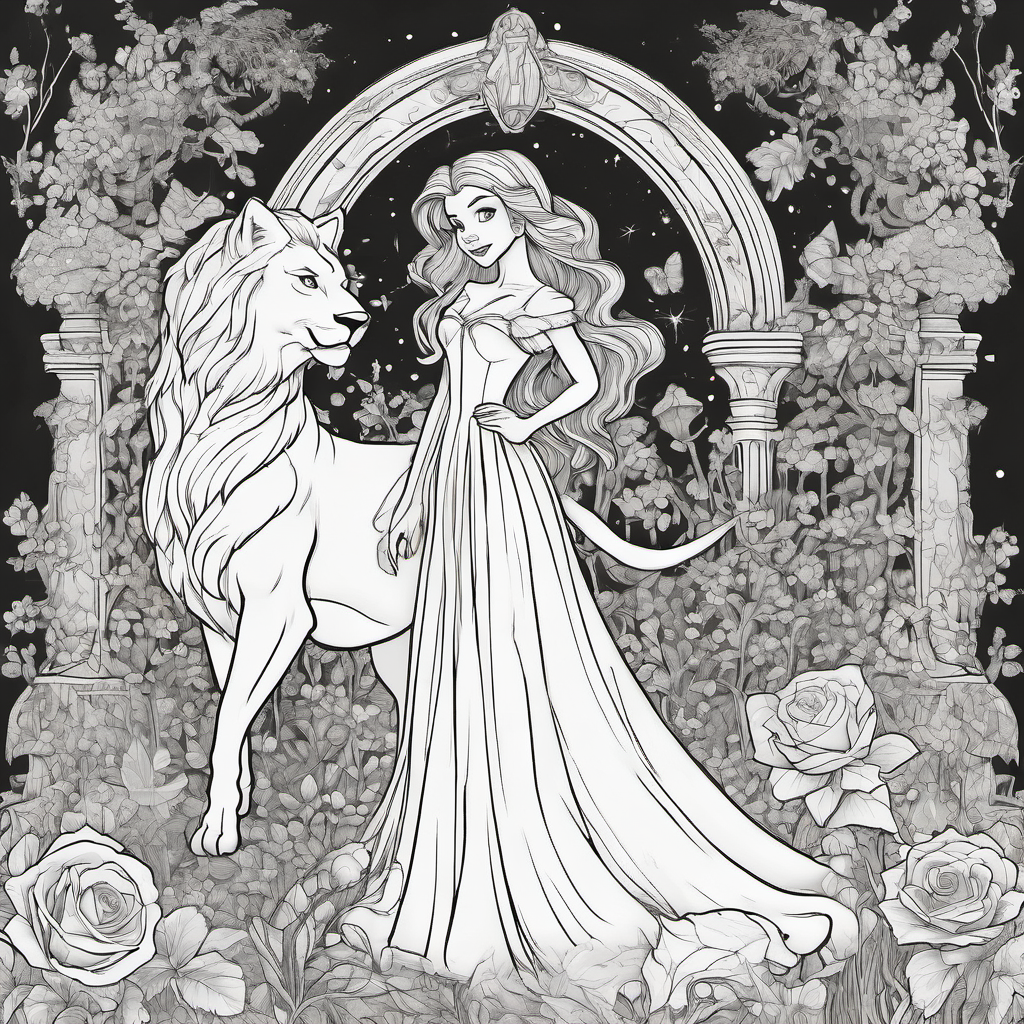 Create a detailed, original fairy-tale coloring page of a young girl in a flowing gown standing beside a friendly mythical beast in an enchanted garden. Include twisting vines, roses, butterflies, a stone fountain, mushrooms, an ornate flower arch, and tiny magical stars. Black-and-white line art only, crisp outlines, no shading, lots of intricate details, portrait layout, suitable for printing and coloring. Of beauty and the beast relasitc but easy to trace
