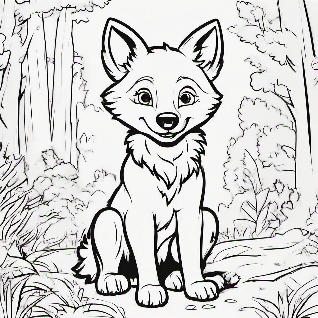 Cute baby wolf pup sitting happily in a simple forest clearing, fluffy fur, big friendly eyes, small pointed ears, cheerful smile, bushy tail curled beside its body, a few simple leaves and grass tufts around its paws, black-and-white children's coloring page, bold clean outlines, large open spaces, no shading, simple background, adorable cartoon style, suitable for kids ages 4–8.