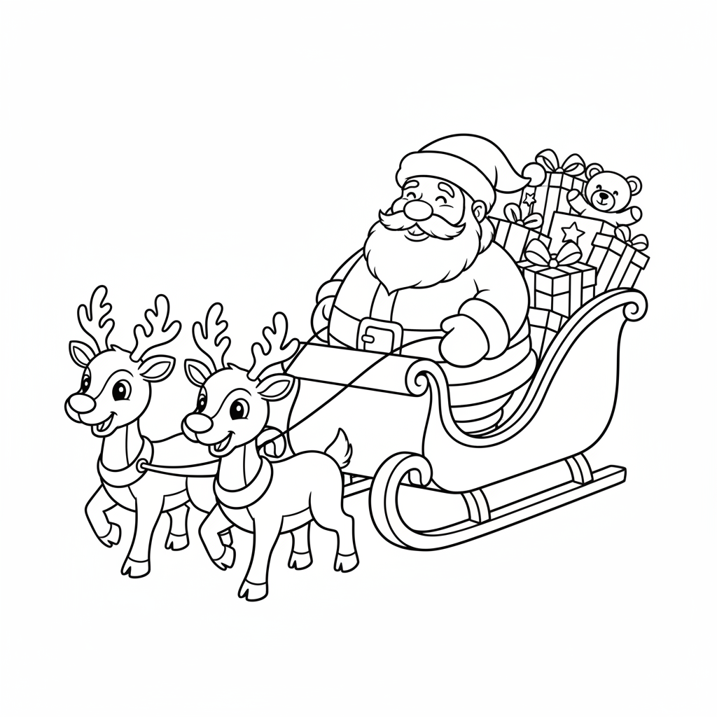 Cute Santa Claus sitting in a Christmas sleigh filled with presents, pulled by friendly reindeer. Simple kids coloring book line art, thick black outlines, large open spaces, white background, no shading, no gray, no color, no text.
