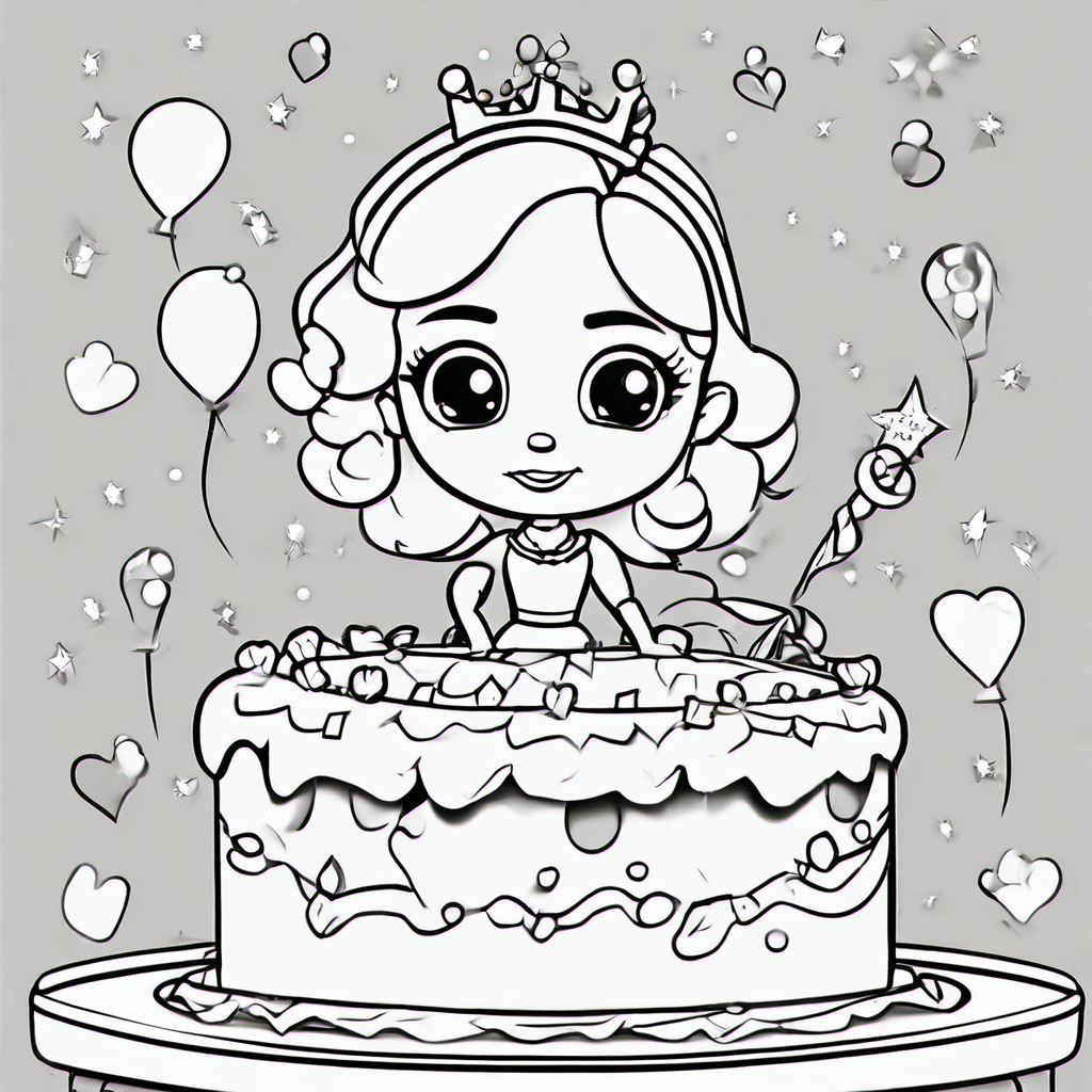 A Cartoon Princess with a birthday cake for a coloring page with bold outlines, no grey scaling and no shading, high-quality line art, no text or watermark, 8.5" x 8.5" size**