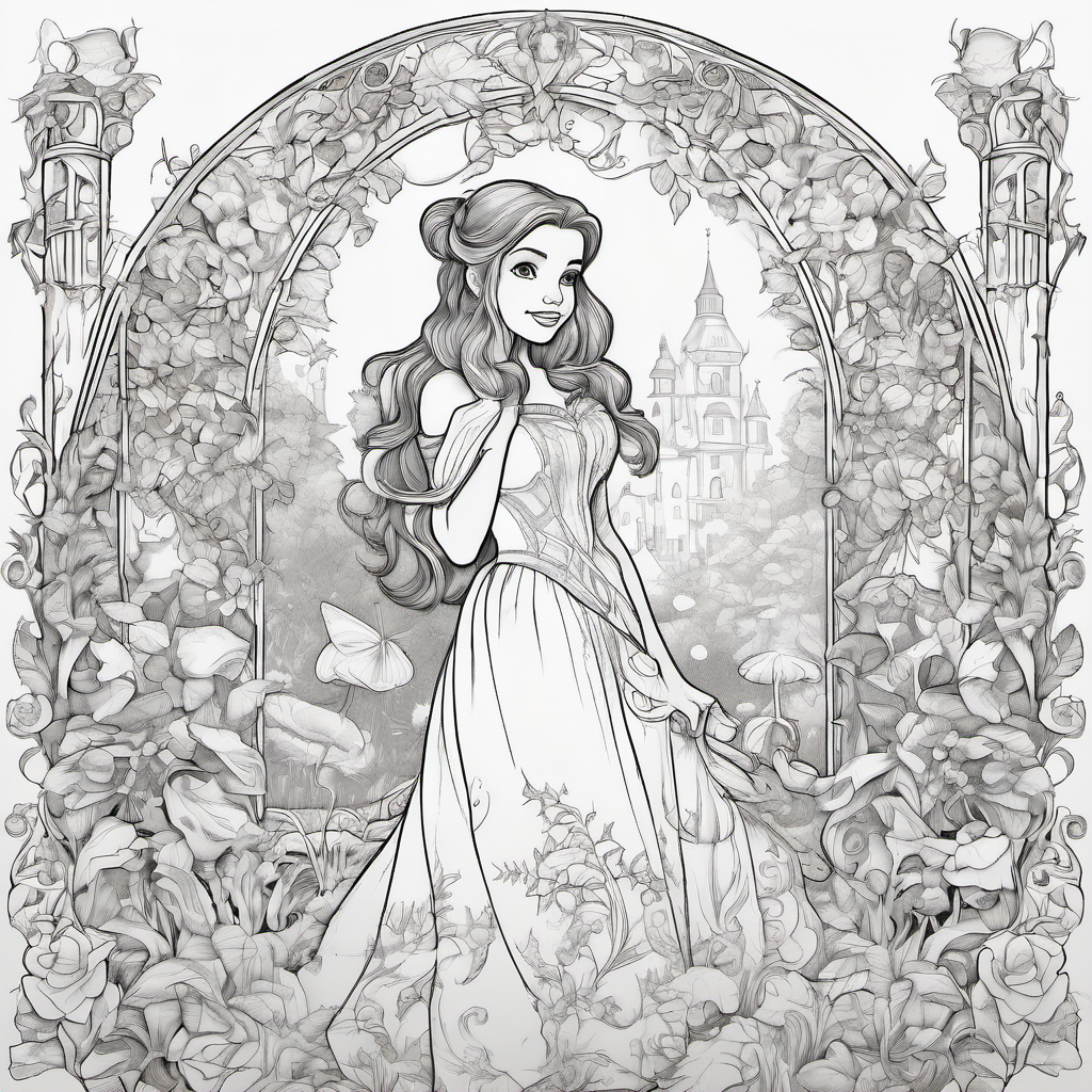 Create a detailed, original fairy-tale coloring page of a young girl in a flowing gown standing beside a friendly mythical beast in an enchanted garden. Include twisting vines, roses, butterflies, a stone fountain, mushrooms, an ornate flower arch, and tiny magical stars. Black-and-white line art only, crisp outlines, no shading, lots of intricate details, portrait layout, suitable for printing and coloring. Of beauty and the beast relasitc