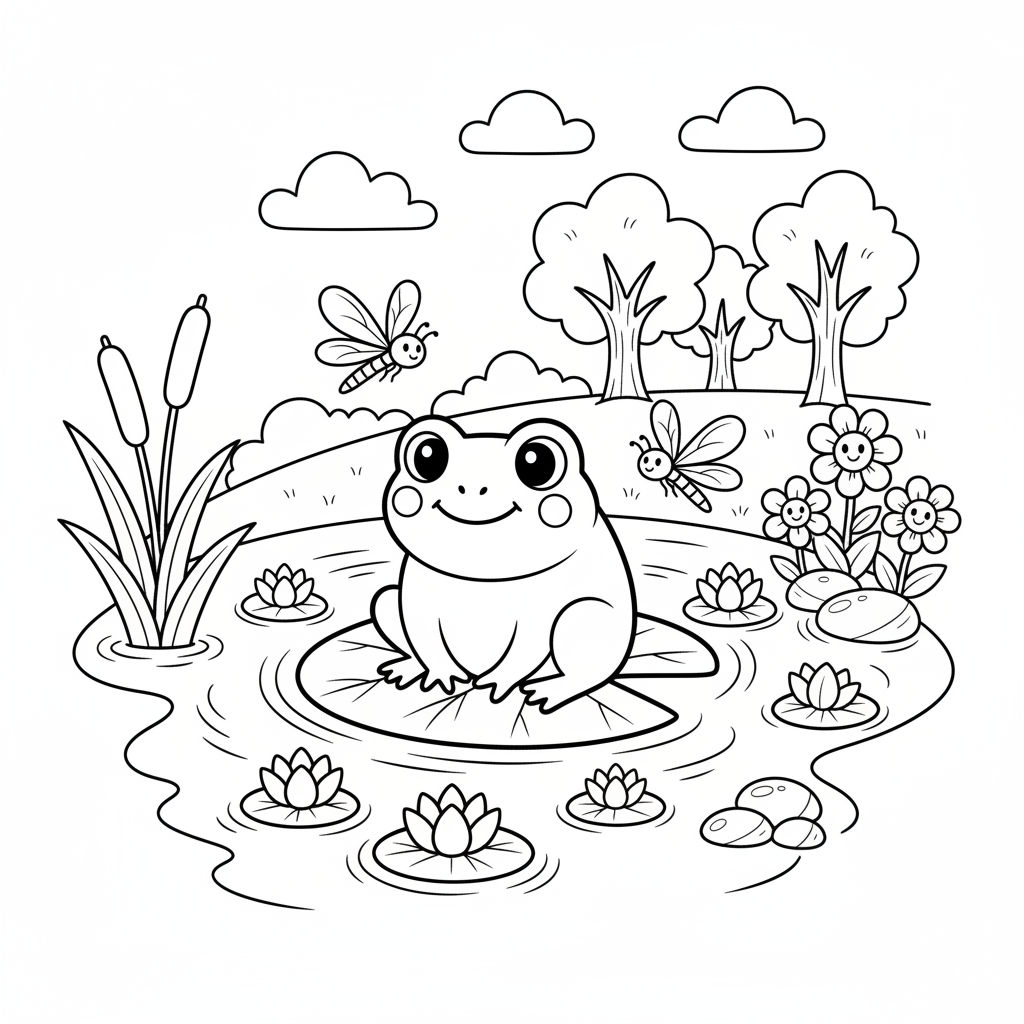 Create a cute children's coloring book page featuring an adorable little frog sitting beside a peaceful pond. The frog is smiling and sitting on a lily pad. Add water lilies, dragonflies, cattails, flowers, small stones, and gentle ripples in the pond. Include a few trees and fluffy clouds in the background. Use a kawaii storybook illustration style with smooth, thick black outlines, simple shapes, and large open spaces for easy coloring. Black and white line art only, white background, no shadi