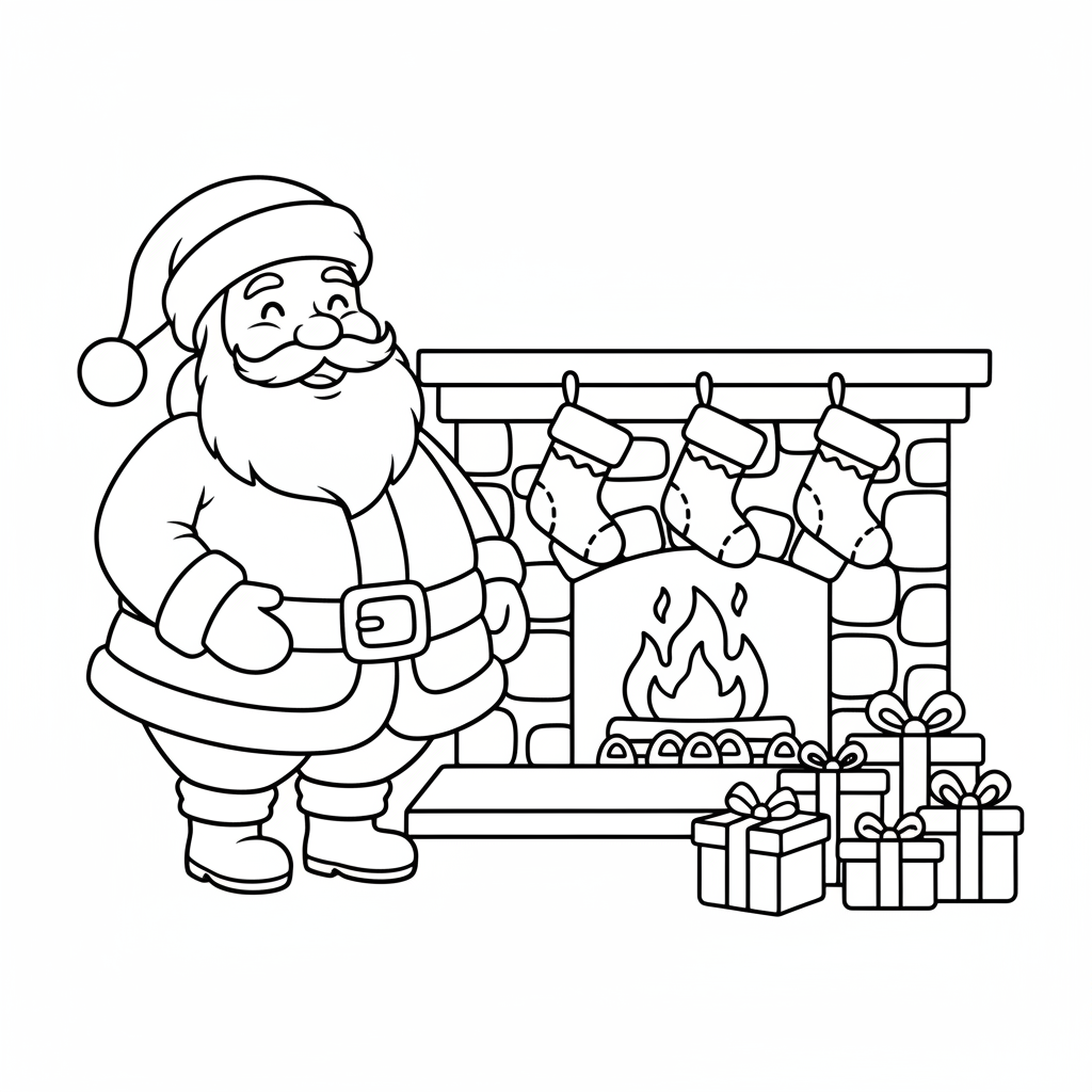 Cute Santa Claus standing beside a cozy fireplace with Christmas stockings and wrapped presents. Simple kids coloring book line art, thick black outlines, large open spaces, white background, no shading, no gray, no color, no text.