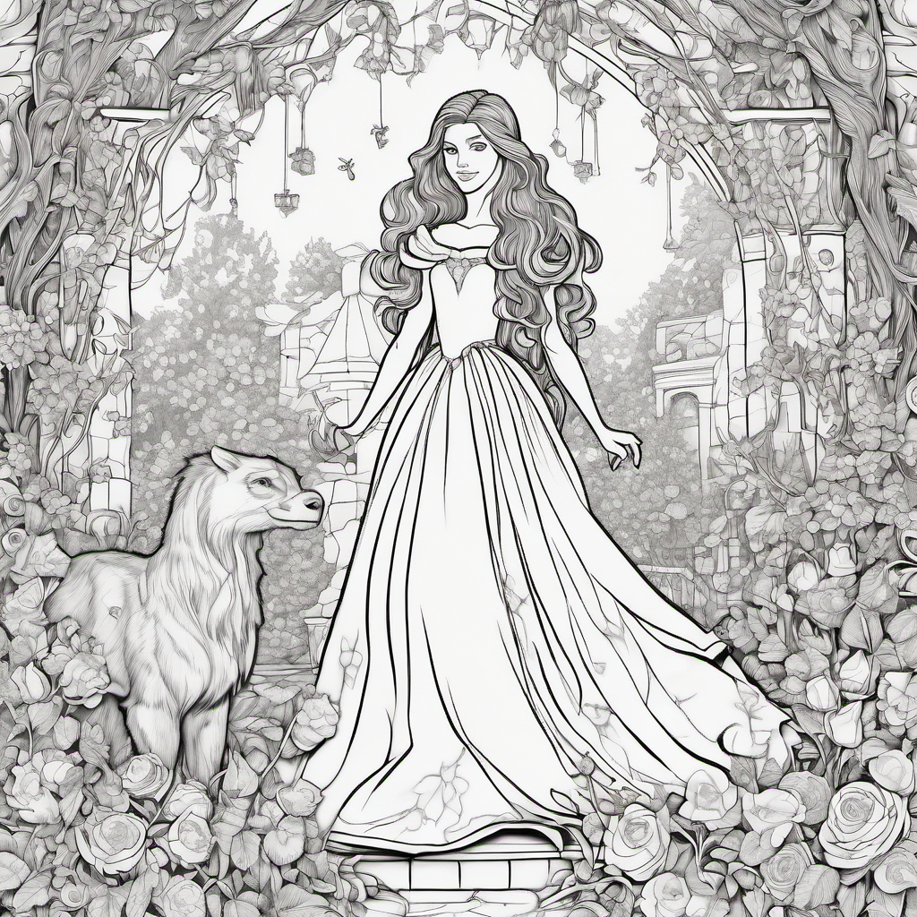 Create a detailed, original fairy-tale coloring page of a young girl in a flowing gown standing beside a friendly mythical beast in an enchanted garden. Include twisting vines, roses, butterflies, a stone fountain, mushrooms, an ornate flower arch, and tiny magical stars. Black-and-white line art only, crisp outlines, no shading, lots of intricate details, portrait layout, suitable for printing and coloring. Of beauty and the beast relasitc but easy to trace