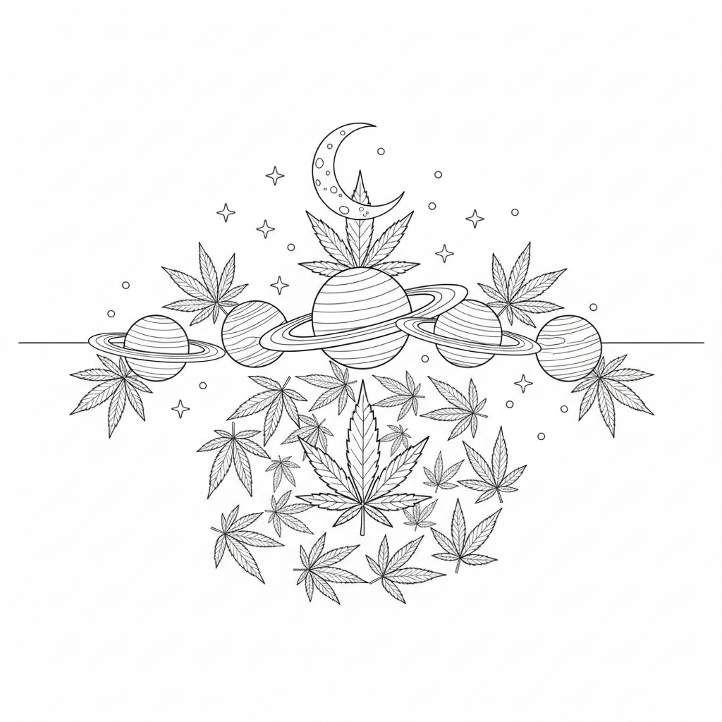 Space what's way too much going on more clean and clear, more realistic marijuana leaves more adult not animated i want more real, less busy and like a line of the planet's with, like some pot leaves in between or something