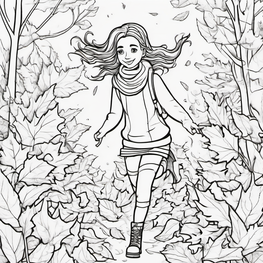 A girl wearing a scarf and boots while jumping into leaf piles Make the girl's face look different