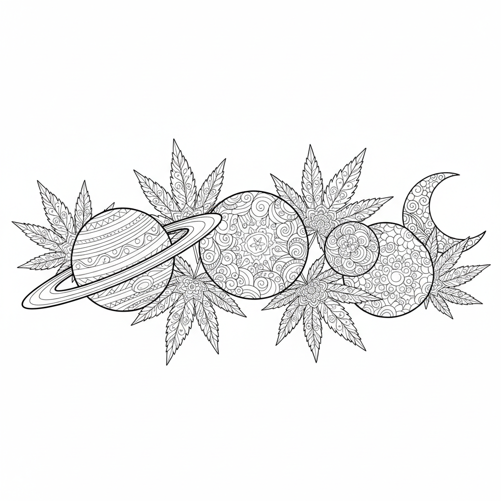 Space what's way too much going on more clean and clear, more realistic marijuana leaves more adult not animated i want more real, less busy and like a line of the planet's with, like some pot leaves in between or something better. But I want more real and simple