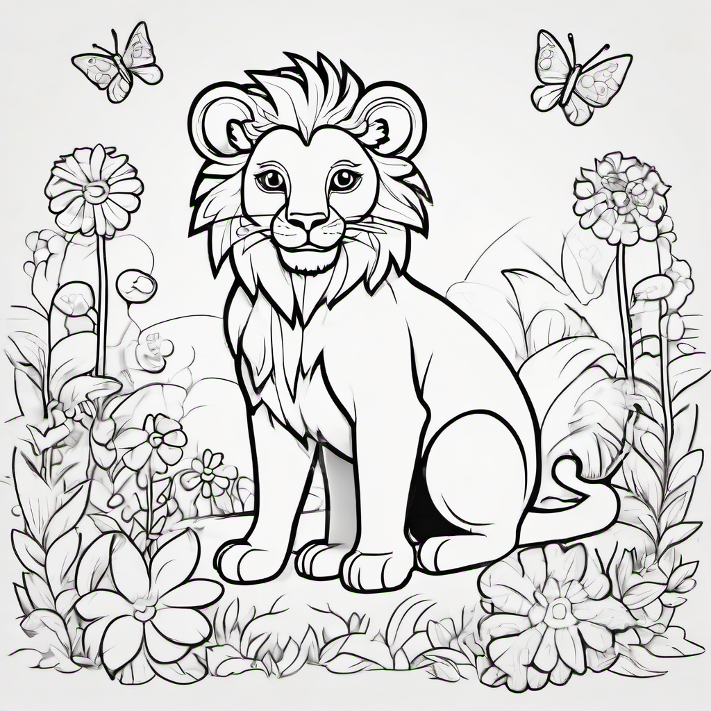Black and white coloring book page for kids: a cute baby lion sitting in a garden, smiling face, fluffy mane with simple outlines, tiny flowers and butterflies around it. Clean bold outlines, thick smooth black lines, no shading, no gray, no filled black areas, plain white background, simple shapes, large open spaces easy to color, cute friendly cartoon style, centered composition, no text, high resolution, 3:4 vertical.