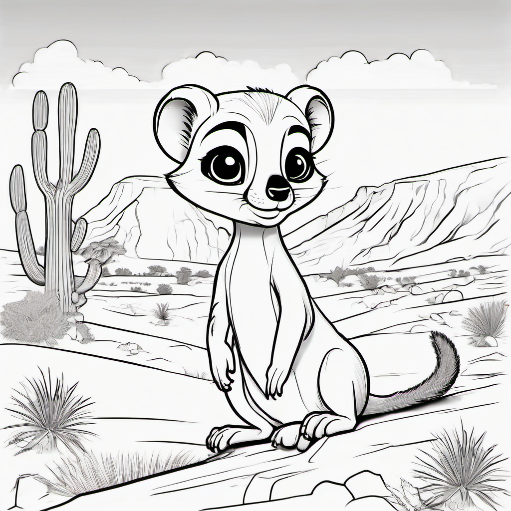 Cute baby meerkat standing happily in a simple desert landscape, small rounded body, big friendly eyes, tiny paws, cheerful smile, little tail, a few simple rocks and small desert plants around it, black-and-white children's coloring page, bold clean outlines, large open spaces, no shading, simple background, adorable cartoon style, suitable for kids ages 4–8.