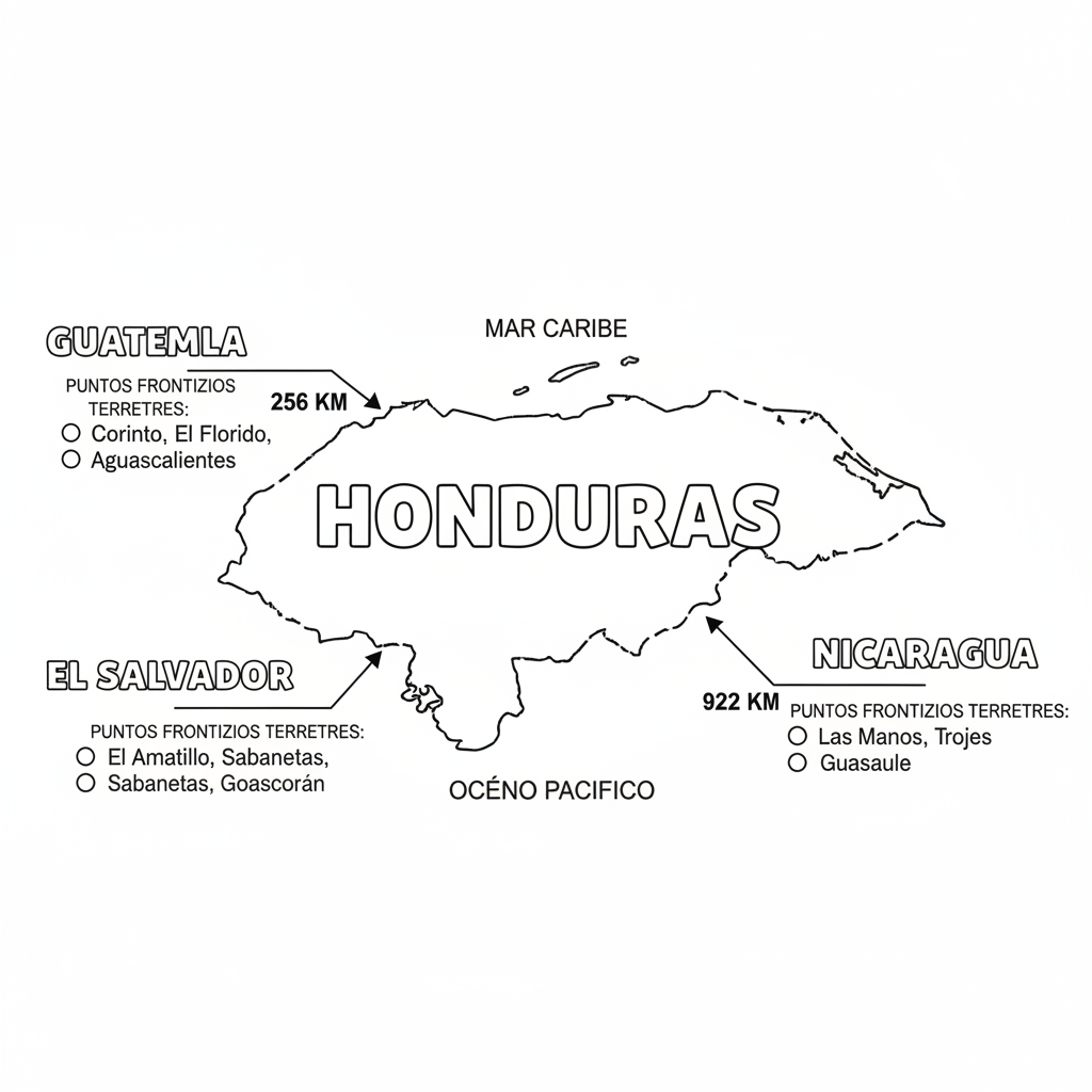 Señale en el mapa del perímetro del territorio nacional, indicado extensión con cada país vecino y colocando los puntos de referencia de las fronteras terrestre que tenía Honduras (debe auxiliarse de un atlas)
