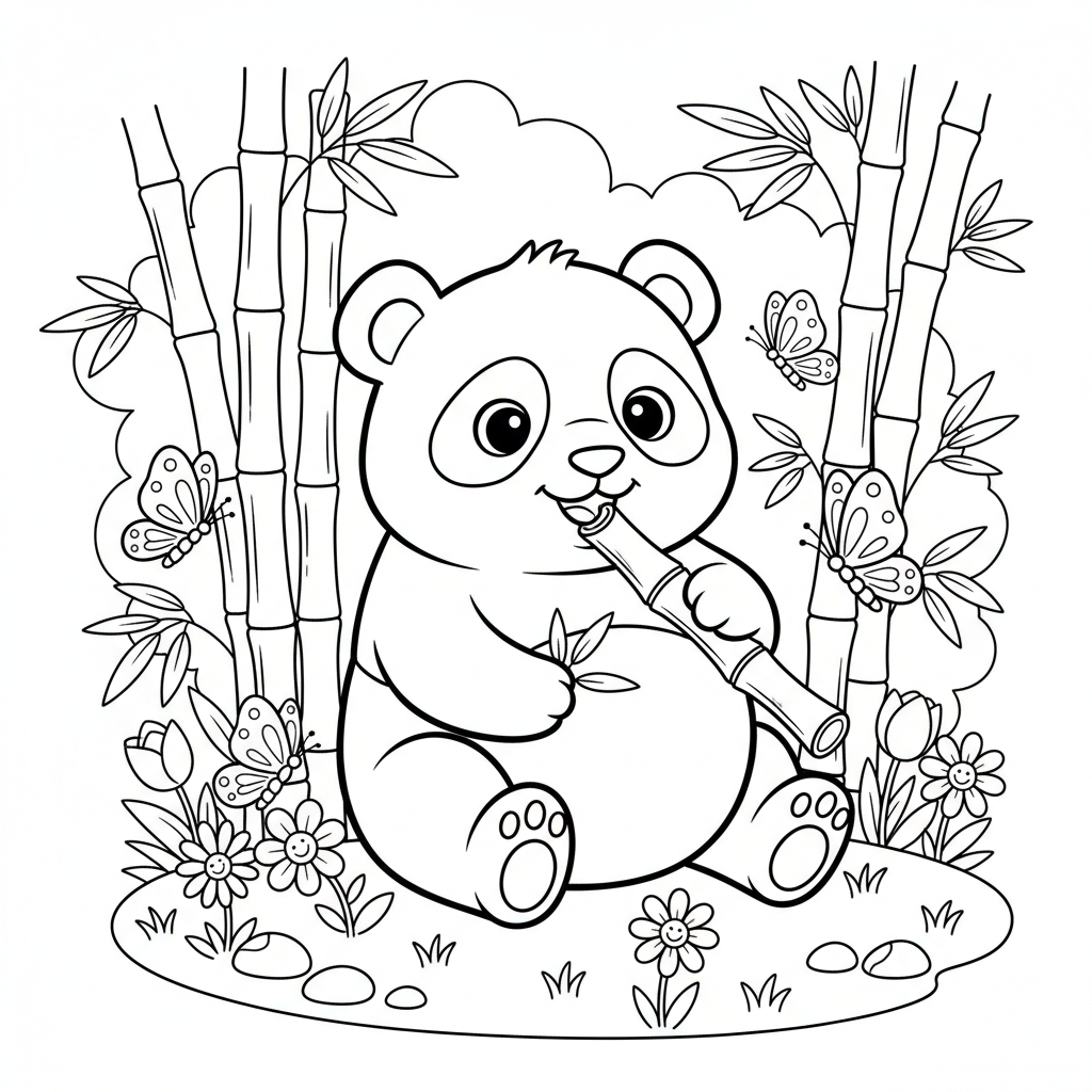 Create a cute children's coloring book page featuring an adorable little panda sitting in a peaceful bamboo garden. The panda is happily holding a bamboo stick. Add tall bamboo plants, small rocks, flowers, butterflies, and fluffy clouds in the background. Use a kawaii storybook illustration style with smooth, thick black outlines, simple shapes, and large open spaces for easy coloring. Black and white line art only, white background, no shading, no gradients, no colors, no text, no logo, no bor