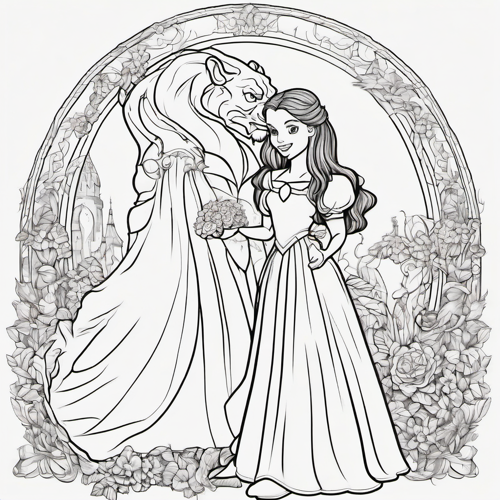 coloring page of a young girl in a flowing gown standing beside a friendly mythical beast in an enchanted garden.  Of beauty and the beast relasitc but easy to trace for art class not very detailed make