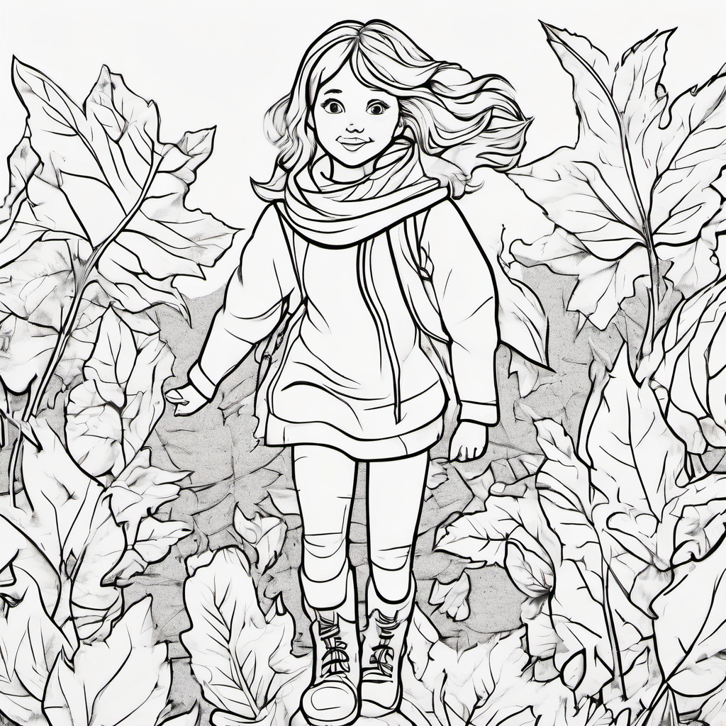 A girl wearing a scarf and boots while jumping into leaf piles Make the girl's face look different  Keep it cute