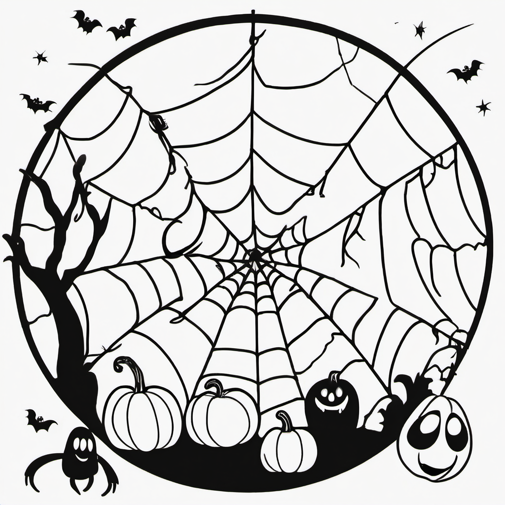 Cute friendly spider hanging from a web beside a smiling ghost and tiny pumpkins. Simple Halloween coloring page for kids, bold black outlines, large easy-to-color spaces, white background, no shading, no gray, no colors.
