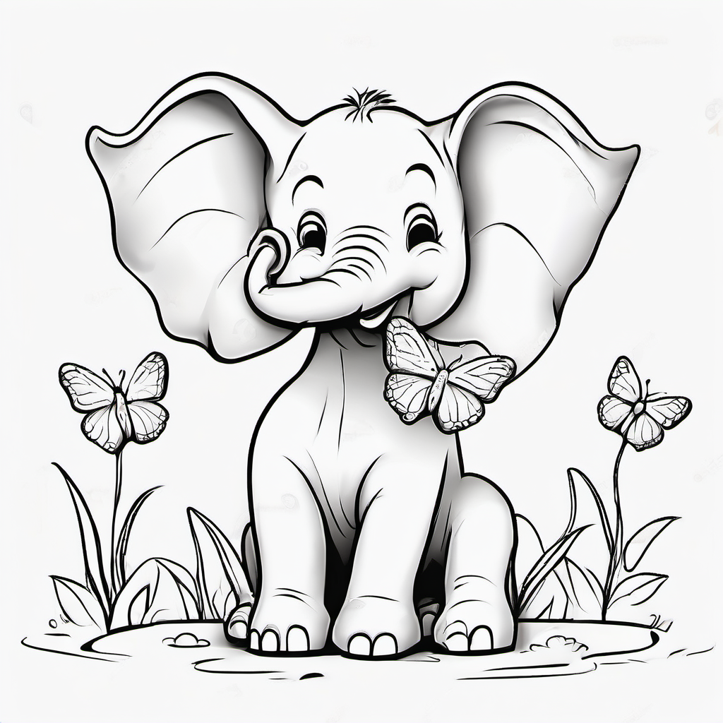 Cute baby elephant playing with a butterfly.
Black and white coloring book page for kids,
bold thick outlines, no shading, no gray,
white background, large open areas easy to color,
simple cute cartoon style, centered composition,
no text, high resolution, 3:4 vertical.