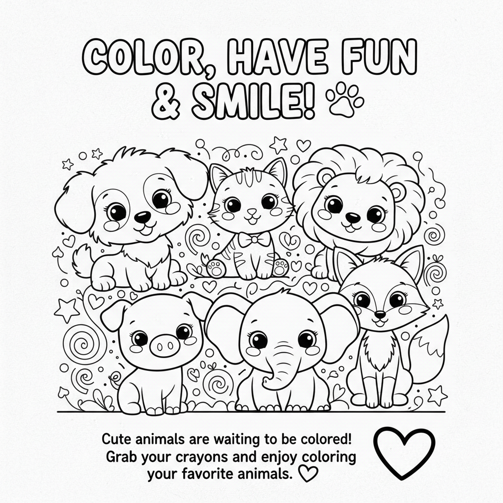 **COLOR, HAVE FUN & SMILE! 🐾**

Cute animals are waiting to be colored!

Grab your crayons and enjoy coloring your favorite animals. ❤️