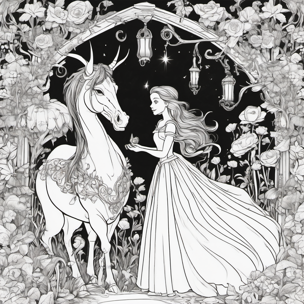 Create a detailed, original fairy-tale coloring page of a young girl in a flowing gown standing beside a friendly mythical beast in an enchanted garden. Include twisting vines, roses, butterflies, a stone fountain, mushrooms, an ornate flower arch, and tiny magical stars. Black-and-white line art only, crisp outlines, no shading, lots of intricate details, portrait layout, suitable for printing and coloring. Of beauty and the beast relasitc but easy to trace