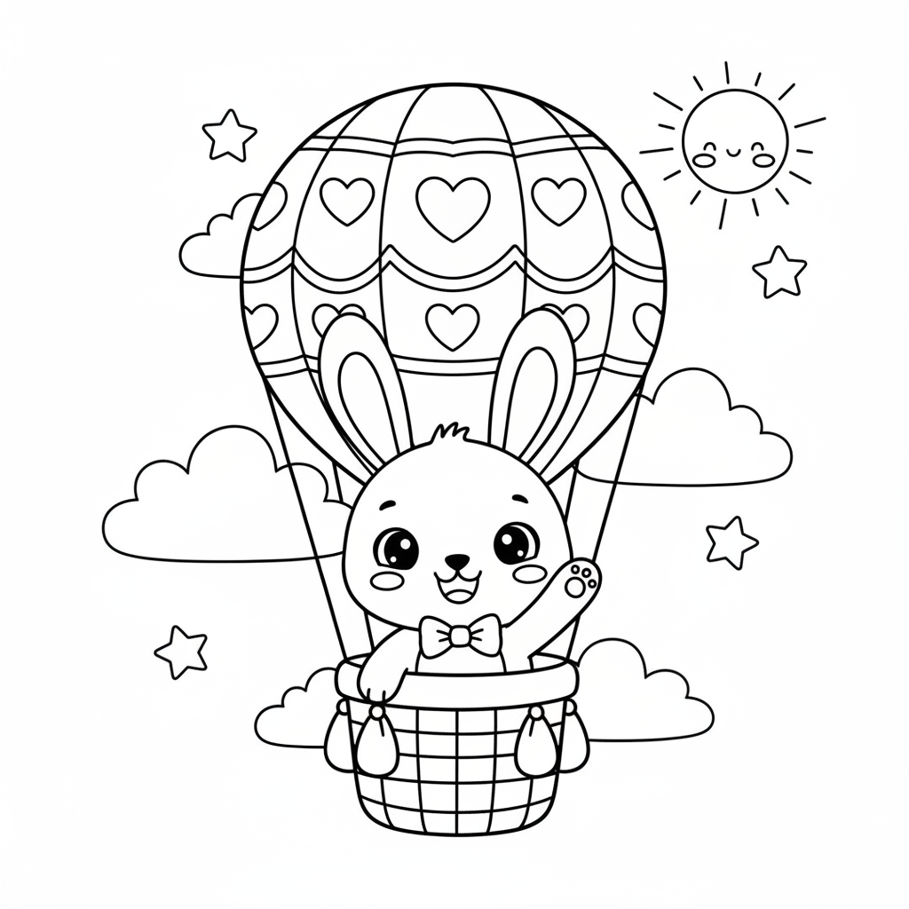 Create a cute children's coloring book page featuring an adorable little bunny riding in a hot air balloon. The bunny is smiling and waving from the basket. Add fluffy clouds, small stars, and a cheerful sun in the background. Use a kawaii storybook illustration style with smooth, thick black outlines, simple shapes, and large open spaces for easy coloring. Black and white line art only, white background, no shading, no gradients, no colors, no text, no logo, no border. Original illustration, ba