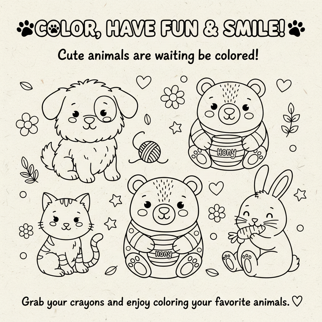 **COLOR, HAVE FUN & SMILE! 🐾**

Cute animals are waiting to be colored!

Grab your crayons and enjoy coloring your favorite animals. ❤️