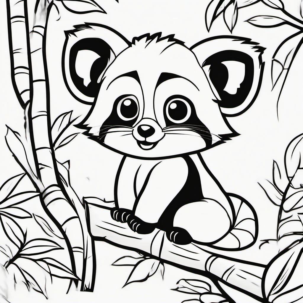 Cute baby red panda sitting happily on a simple tree branch, fluffy body, big friendly eyes, small rounded ears, cheerful smile, large bushy striped tail curled beside it, a few simple leaves and bamboo stems, black-and-white children's coloring page, bold clean outlines, large open spaces, no shading, simple background, adorable cartoon style, suitable for kids ages 4–8.
