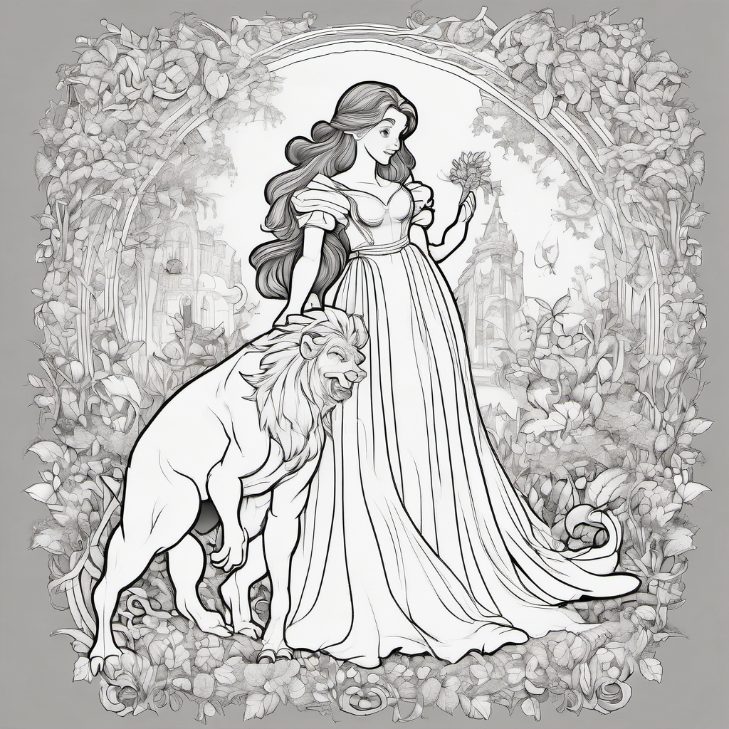coloring page of a young girl in a flowing gown standing beside a friendly mythical beast in an enchanted garden.  Of beauty and the beast relasitc but easy to trace for art class not very detailed make