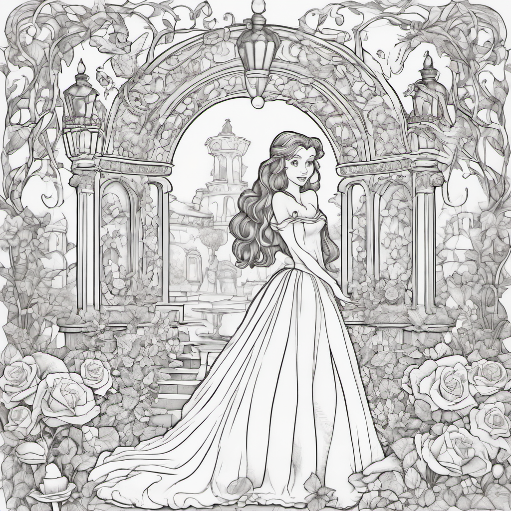Create a detailed, original fairy-tale coloring page of a young girl in a flowing gown standing beside a friendly mythical beast in an enchanted garden. Include twisting vines, roses, butterflies, a stone fountain, mushrooms, an ornate flower arch, and tiny magical stars. Black-and-white line art only, crisp outlines, no shading, lots of intricate details, portrait layout, suitable for printing and coloring. Of beauty and the beast relasitc but easy to trace for art class not very detailed make