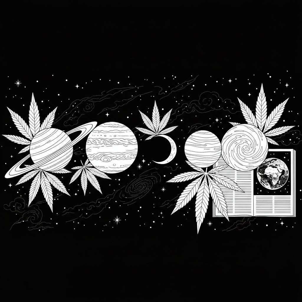Space what's way too much going on more clean and clear, more realistic marijuana leaves more adult not animated i want more real, less busy and like a line of the planet's with, like some pot leaves in between or something better. But I want more real and simple better but more background darker? And I want something like you would look through a magazine and see earth in the ninth. But what's some b***** leaves