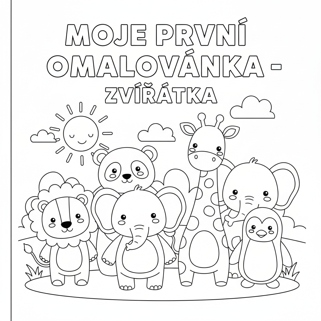 Vytvoř jednoduchou dětskou obálku pro omalovánkovou knížku s názvem „MOJE PRVNÍ OMALOVÁNKA – ZVÍŘÁTKA“.
Styl musí přesně odpovídat jednoduchým dětským omalovánkám: silné, čisté černé obrysy, velké jednoduché tvary, minimum detailů, žádné stínování, žádné šedé plochy a žádné složité vzory.
Na obrázku je skupinka roztomilých zvířátek: lev, panda, slon, žirafa a tučňák. Všechna zvířátka jsou celá a dobře viditelná, stojí vedle sebe a mají jednoduché roztomilé obličeje. Zvířátka jsou pouze černobí