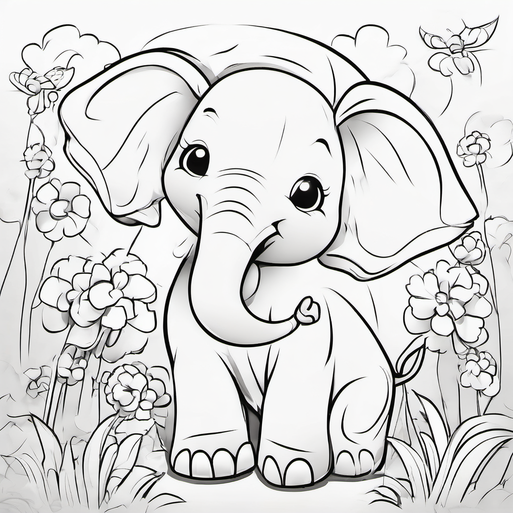 Animals
Black and white coloring book page for kids: a cute baby elephant holding a
balloon in a garden. Clean bold outlines, no shading, no gray, white
background, large open areas, no text, 3:4 vertical.